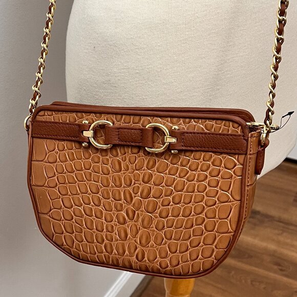NWOT Talbots 100% Leather Croc-Embossed Crossbody Bag Neutral Dark Toffee/ Gold - Picture 1 of 16